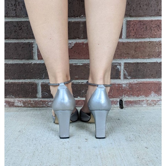 size 8.5 vintage y2k SILVER Beaded Ankle Strap FUTURISTIC HEELS square toe - Picture 10 of 10